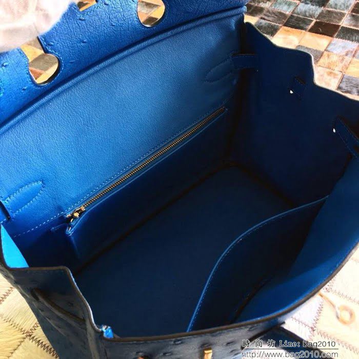 HERMES愛馬仕 鉑金包 Birkin 南非原產KK級鴕鳥皮 頂級工藝 希臘藍 手縫蠟線 手提包  Ama1234